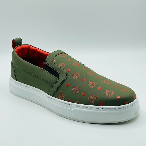 MCM: Moss Green Orange Logo Leather Slip On Sneaker MEX9AMM61G8 main image 10
